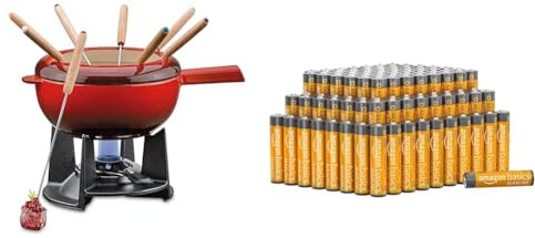 Spring Gusseisen Fondue Set rot | Ø 20 cm | mit 8 Fonduegabeln und Spritzschutz | für Käsefondue, Fleischfondue | Rechaud Brenner & Amazon Basics AAA-Alkalibatterien, leistungsstark, 1.5 V, 100er-Pack