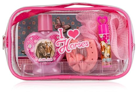 Accentra Geschenkset I LOVE HORSES für Jugendliche und Mädchen in Kosmetiktasche, inkl. Schaumbad, Seife, Lippenbalsam mit leckerem Duft nach Erdbeere & einem Schwamm
