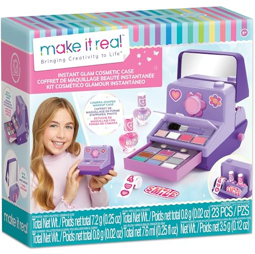 Make It Real: Instant Glam Cosmetic Case - 23pcs, Camera Shaped Makeup Case, Eyes-Lips-Face-Nails, Stickers To Decorate, Girls & Kids Ages 8+