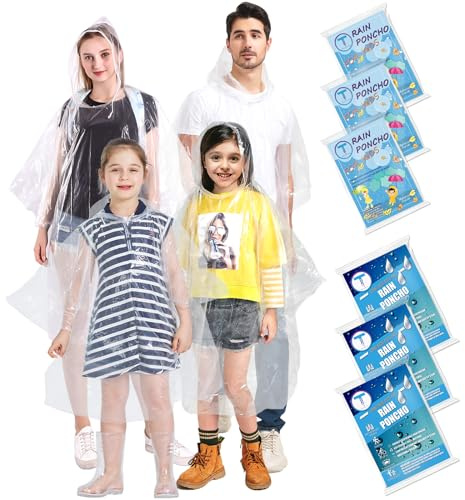 TUNCHMO Disposable Rain Ponchos Family 6 Pack Adults Kids 50% Extra Thicker Emergency Ponchos with Hood