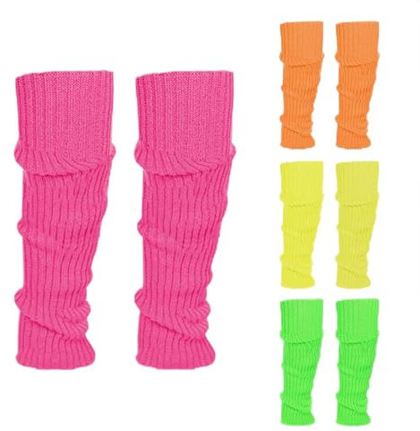 Jambières pour Femme,4 Pièces Style années 80 Mode Jambières Tricotés Stocking Néon, Jambière Guêtres,Années 80 90 Accessoires de Fête de bal Rétro Pour carnaval, danse, aérobic