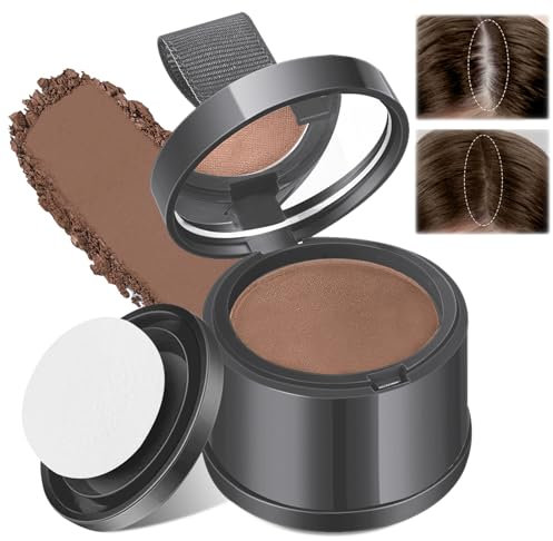 lomdung Polvo para Rayitas Con Espejo y Borla, Retoca Raíces Polvo para Densificar El Cabello, Retoca Raíces de Polvos para Cubrir Canas, Uso para Rellenar el Cabello Debilitado, Marrón Oscuro