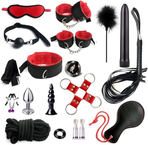 Sex Bondage BDSM Kit - Adult Restraints & BDSM Sex Toys for Couples - Bed Bondage & Sex Play Set - Handcuffs, Nipple Clamps, Blindfold, Feather Teaser, & More