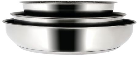 Sitram 716942 Set di 3 padelle ARPEGE 100% acciaio inox Ø 20,24,28 cm - Cucina sana perché SENZA rivestimento antiaderente nocivo - manico rimovibile - Tutti i piani cottura, inclusa l'induzione