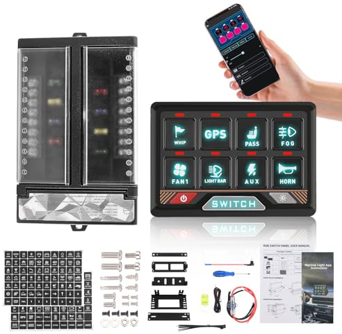 Chelhead Panneau Interrupteur RGB 8 Gang APP Bluetooth Tout-Terrain | Panneau RGB multifonction avec contrôle APP, 4 modes d'éclairage et fonction de gradation pour véhicules tout-terrain