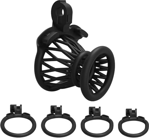 BDSMAGE Cage De Chasteté avec 4 Anneaux Testiculaires, Petite Cage à Pénis Respirante Fétiche Sissy SM Bondage Jouets Sexuels pour Hommes (Noir-A)