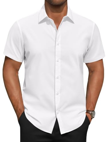 siliteelon Mens Shirts Stain Shield Short Sleeve White Dress Formal Shirts Stretch Men's Shirt Plain Cotton Regular Fit Casual Business Shirt for Adult