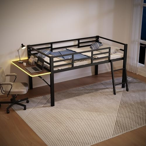 Generisch Metallbett 90x200 cm mit Geländer, Leiter, klappbarem Schreibtisch und LED-Ambiente-Beleuchtung, schwarz, stabil und sicher für Erwachsene und Kinder, ohne Matratze.