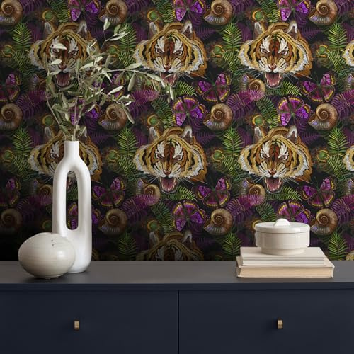 VaryFloral Papier Peint Adhesif Mural Tigre Film Autocollant Meuble Noir 30.5cmx300cm Rouleau Adhesif Decoratif Jungle Tropicale Vinyle Autocollant Imperméable Revetement Plan de Travail Cuisine
