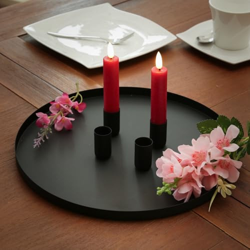 Stabkerzenhalter Deko Tablett mit 4 magnetischen Kerzenhaltern für Stabkerzen Kerzentablett 30cm Kerzenständer Dekoteller rund Adventskranz schwarz