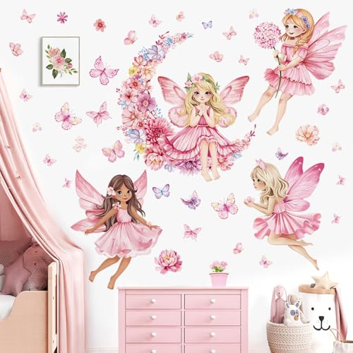 decalmile Rosa älva flickor väggdekaler blomma måne fjäril väggklistermärken flickor sovrum baby barnkammare barnrum väggdekor