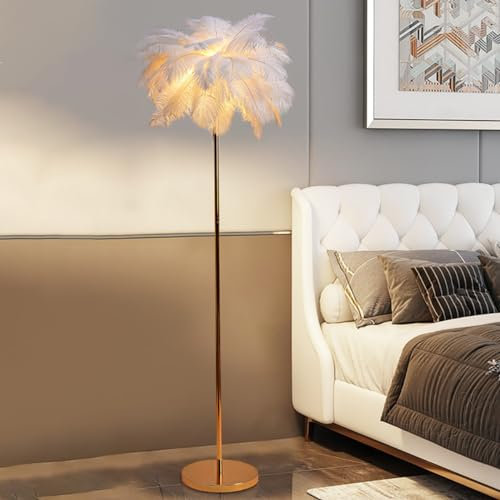 MQDLJSE Lampe à Plumes, lampadaire en Plumes d'autruche, Prise USB, éclairage d'ambiance, Effet de Gradation Tricolore, pour décoration de Salon, Blanc
