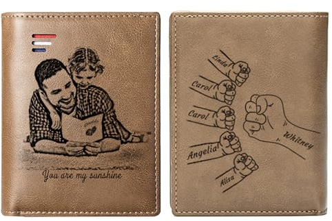 KOLOWKO Personalisierte Geldbörse Herren mit Kartenschlitzen - Gravur Leder Portemonnaie Dreifach mit Foto, Geschenke für Vater Ehemann Sohn