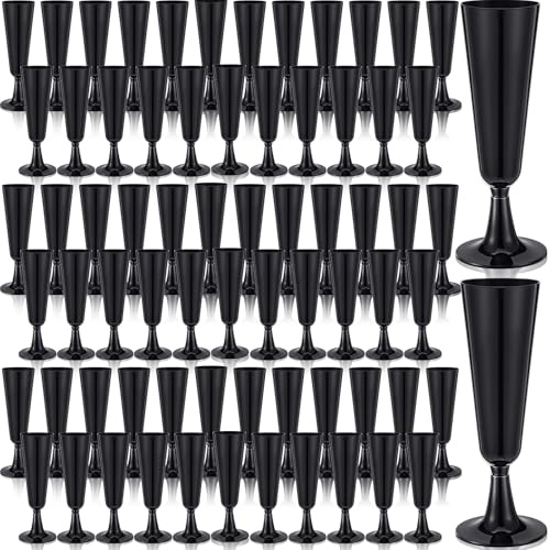Domensi Black Champagne Flute Bulk 5.5 oz Wedding Plastic Glasses, 100 Pack | Stemmed Flutes for Wedding Birthday Halloween Christmas Party, Shatterproof Disposable Cocktail Cups, Elegant Black Drinkware