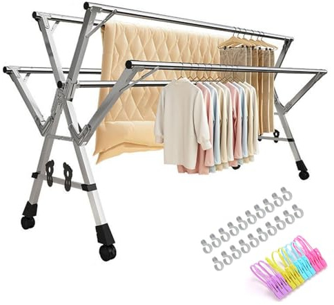 HUHJYUGE Stendino Regolabile Estensibile Pieghevole in Acciaio Inox, Stendibiancheria Salvaspazio Portatile Robusto Retrattile per Balcone Bagno Interno Esterno