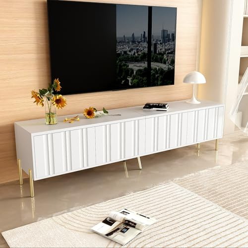 Lahoomu Weißes TV-Schrank, 190cm x 38cm x 48cm, Goldene Tischbeine, Gerilltes Türdesign