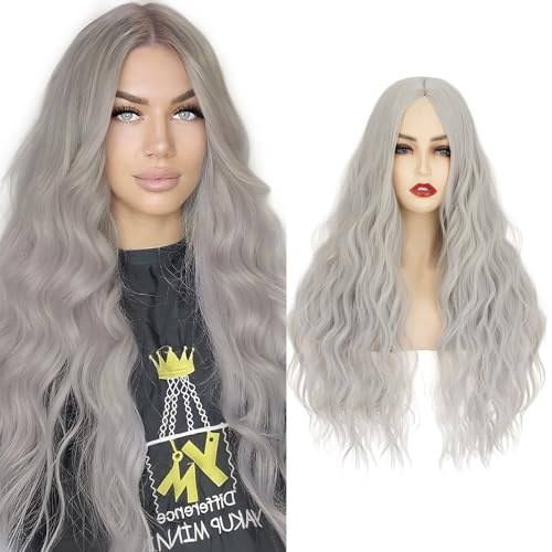 S-noilite Pelucas de disfraz de cabello rizado de 60 cm de largo, resistentes al calor, para cosplay Wig, con raya al medio, para mujer, fiesta y Halloween,Gris plateado