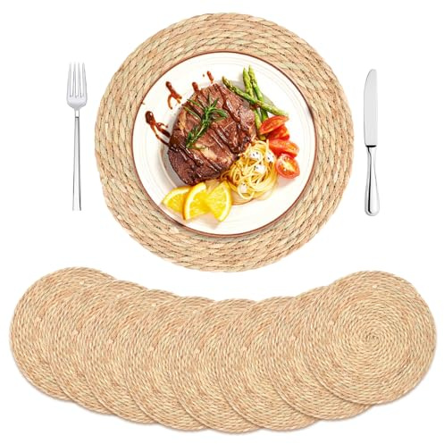 8 Stück Tischset Rund, Platzset aus Wasserhyazinthe Handgewebt Platzdeckchen, Boho Tischuntersetzer Natur Tischsets Platzsets Telleruntersetzer für Esstisch, Küche, Boho Deko (35cm)
