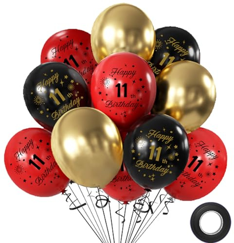 Tookala 11. Geburtstag Deko Luftballons Rot, 12 Stück Schwarz Rot Gold LuftBallons Zahlen 11, 11th Happy Birthday Ballons, 11. Geburtstag Deko Jubiläum Partydeko Mädchen Jungen