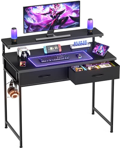 Gaming Desk with Adjustable Monitor Stand, 2 Storage Drawers, Black 80cm