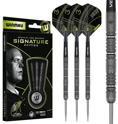 WINMAU Dart – Michael Van Gerwen MvG Signature Edition | 24g Standard stålspetsspetsar | Professionellt 90% volfram dartset med dartflights och stammar