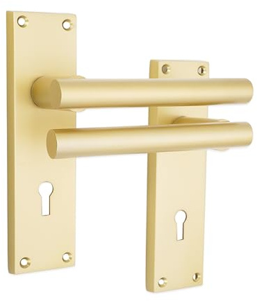 Infinity Decor Satin Brass Modern Lever Lock T-Bar Lever on Backplate Door Handle Pair Keyed Entry Passage Door Pull Set - Ideal for Internal & External Use