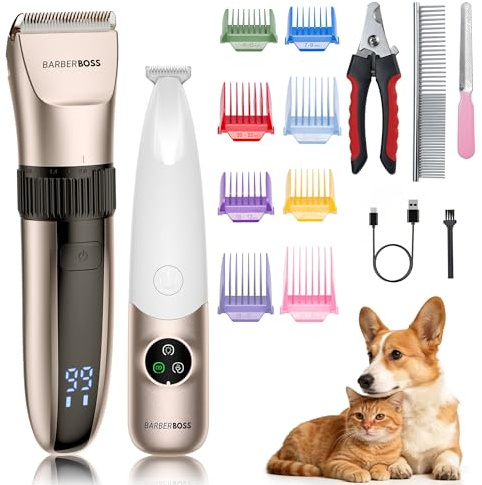 BarberBoss Dual hårklippare för husdjur, trimmer för kroppsvård och mini precisionstrimmer för tassar, ansikte och öron, vattentät och USB-uppladdningsbar, 2-i-1 groomingkit för husdjur, QR-9112