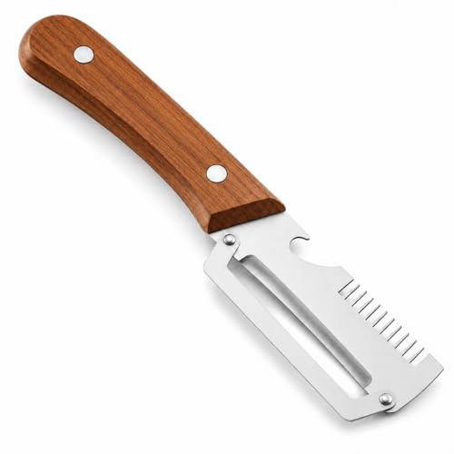 Éplucheur à légumes multifonction avec manche en bois – Éplucheur 3 en 1 en acier inoxydable avec râpe julienne et décapsuleur, éplucheur de fruits et légumes pour pommes de terre, concombres