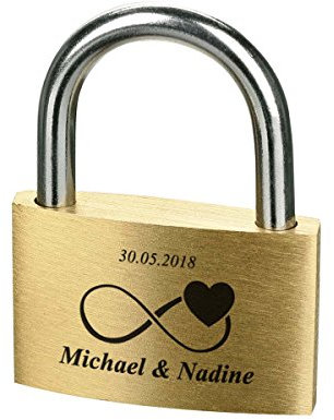 polar-effekt Lucchetto dell'amore con incisione, in ottone con 3 chiavi, regalo personalizzato per innamorati, motivo infinito con cuore