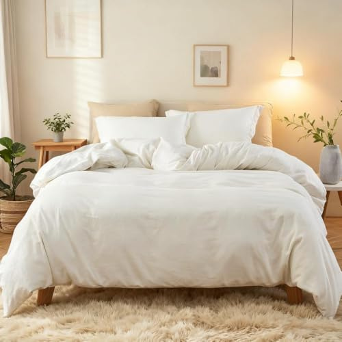 Simple&Opulence French Linen Duvet Cover Set 78 x 86- 3 Pieces (1 Comforter Cover,2 Pillowcases)- Natural Flax Cotton Blend-Solid Color Breathable Farmhouse Bedding-Off White, Full