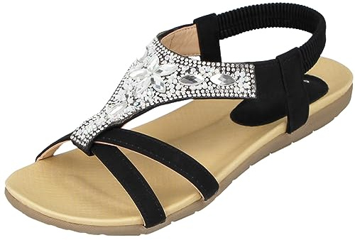 Yinka Shoes Ladies Faux Leather Open Toe Jewel Diamante Encrusted T Bar Elastic Sling Back Flat Gladiator Summer Sandals Size 4-8