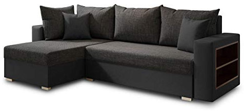 Ecksofa Lord mit Regal und Schlaffunktion - Sofa mit Bettkasten, Schlafsofa, Polsterecke, Couch L-Form, Couchgarnitur, Sofagarnitur (Schwarz + Schwarz (Dolaro 08 + Berlin 02), Ecksofa Links)