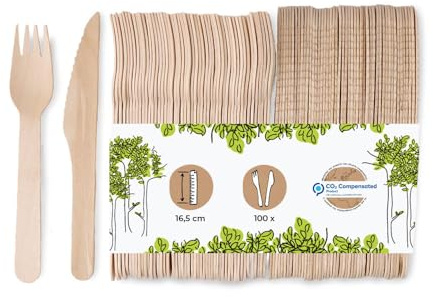 BIOZOYG Einweg-Besteck Set I je 100 Stück Einweg Messer und Gabel I Bio Einweg Holzbesteck Party Besteckset I Einwegbesteck umweltfreundlich I stabiles Biobesteck 200 teilig I 16,5 cm