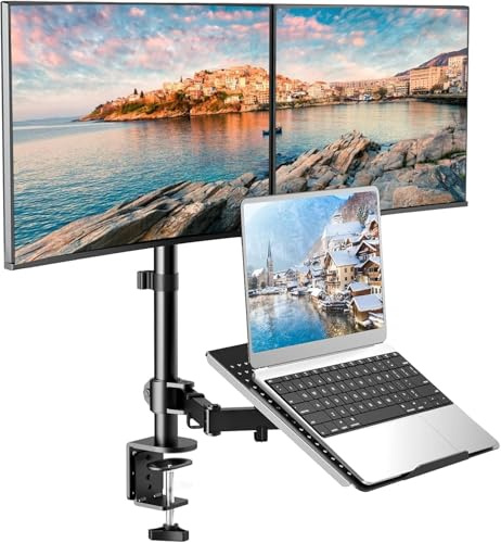 HUANUO Laptop Halterung, höhenverstellbare Monitor Halterung mit Tastaturtablett, passend für Zwei 13 bis 27 Zoll Flache/Gebogene Bildschirme und einen 10 bis 17 Zoll Laptop/Notebook Gaming