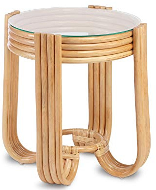 Desser Pretzel Cane Round Side Table with Glass Top – Fully Assembled Circular Natural Rattan Indoor Toughened Glass Lamp Table for Conservatories or Living Room – H60cm x 56cm Diameter