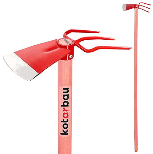 KOTARBAU® Feldhacke 110 x 135mm mit 3 Zinken 107mm aus Stahl Holzstiel 120cm Gartenhacke Doppelhacke Hacke Pflanzhacke Unkrauthacke Gartenwerkzeug zum Umpflanzen Jäten Gartenzubehör Gartengeräte