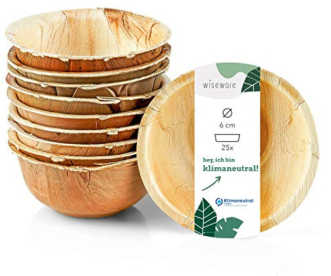 Wiseware Palm Leaf Dip Bowl, Pack of 25 Mini Disposable Bowls, Round, Diameter 6 cm, 30 ml, Biodegradable Palm Leaf Tableware, Compostable Party Tableware, Organic Disposable Tableware