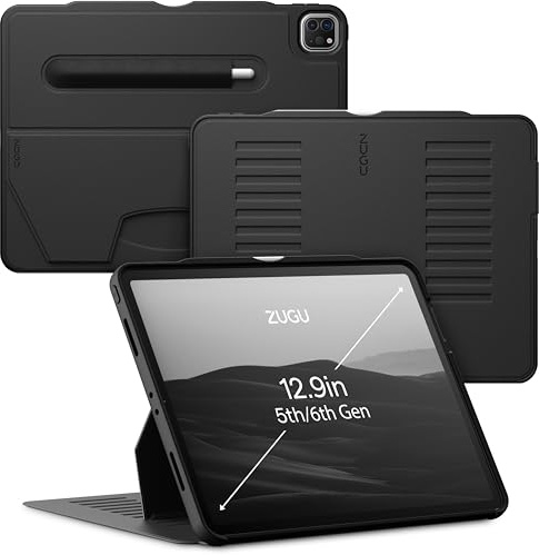 ZUGU iPad Pro 12.9 Case 2022/2021 5 & 6 Generation fodral - Ultra slimmat skyddshölje - trådlös Apple Pencil Laddning - Bekväm 10-vinkels Magnetic Stativ Skal & automatisk vila/väckning [ Svart ]