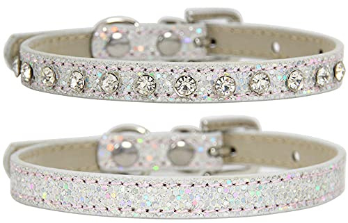 Yiwong Halsband für Katzen, 2 Ps Katzenhalsband aus Glitzerstoff mit Rauten, Verstellbares Welpenhalsband, Funkelndes Halsband für Hunde und Katzen