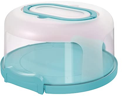 Top Shelf Elements Round Cake Carrier Two Sided Cake Holder Serves as Five Section Serving Tray, Portable Cake Stand Fits 10 inch Cake, Cake Box Comes With Handle, Cake Container Holds Pies (Aqua)