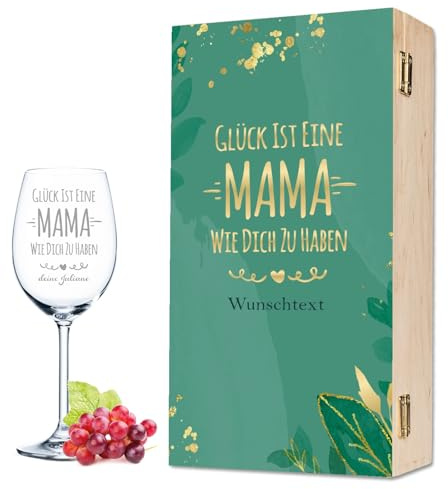 GRAVURZEILE Leonardo Weinglas mit Gravur - Glück ist eine Mama wie Dich zu haben - Personalisiert mit Namen inkl. Holzkiste - Geschenk für Mama zum Muttertag & Geburtstag - Farbe: + Holzkiste