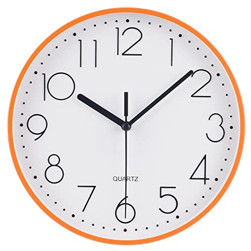 Topkey 22,9 cm leise runde Wanduhr mit arabischen Ziffern, leicht ablesbare Uhr für Wohnzimmer, Schlafzimmer, Schule und Kindergarten, Batterie nicht im Lieferumfang enthalten, Orange
