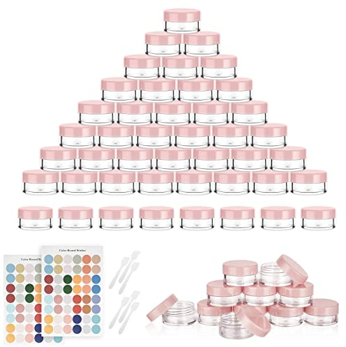 Flintronic 64PCS Cosméticos Envase, Contenedores de Plástico, Cosmética Tarro Vacío Crema de Viaje, 5g/5ml, con Pegatina y 6PCS Cuchara Pequeña, Para Cosméticos/Crema/Gel/Pasta/Perlas