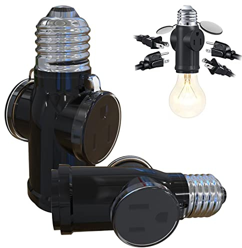 2 Pcs Luntak 3 Prong Light Socket to Plug Adapter, E26 Light Socket Outlet Outdoor, Light Bulb to 2/3 Prong Outlet Socket Splitter Converter Heat-Resistant for Porch Patio Garage Utility Rooms (Black)