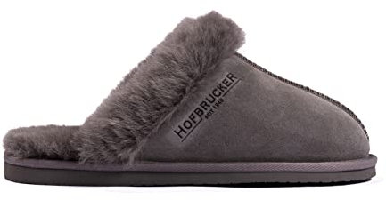 Hofbrucker warmer Lammfell Hausschuh für Frauen mit fester Sohle Obermaterial 100% Lammfell, grau, Größe 40