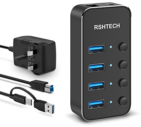 RSHTECH 4-Port Powered USB 3.0/ USB-C Hub, Aluminum USB 3.0 Extension Hub Splitter with 2-in-1 Type A/C Cable and 5V/2A Power Adapter (RSH-ST04)