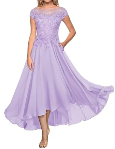 Sincemeet Teelänge Mutter der Braut Kleid Spitze Lang Formal Abendkleid Chiffon Hochzeit Gastkleider für Kurzarm