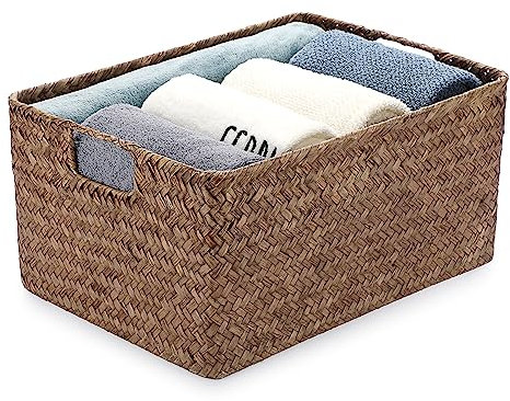 IGNPION Seagrass Storage Opened Basket Living Room Decorative Basket Woven Wicker Towel Baskets Desktop Baskets Bathroom Storage Organiser Box, Shelves & Desks Multipurpose Storage Hamper, L