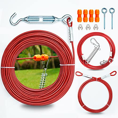 Sistema de Carrito aéreo Resistente para Dos Perros, Cable de Correr para Perros de 100 pies/75 pies con Cable Doble de 10 pies para Acampar en el Patio