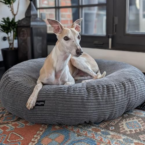 EDEL&SCHNELL orthopädisches Hundebett mit waschbarem Bezug, für Whippets, Windhunde, Ridgeback Viszla und Co, rundes Hundekissen in Sand mit Cord Bezug in Dunkelgrau, Durchmesser 125 cm